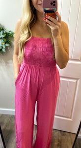 Pink Smocked Stripe Jumpsuit