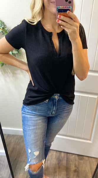 Melange Waffle V Short Sleeve Top