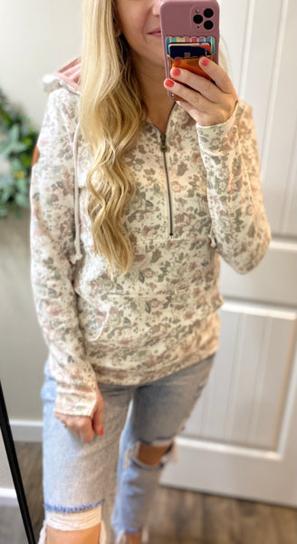 Mauve Floral 1/2 Zip Hoodie
