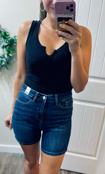 Judy Blue Dark Non-Distressed Mid-Length Shorts