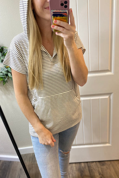 Striped Hooded Short Sleeve Top