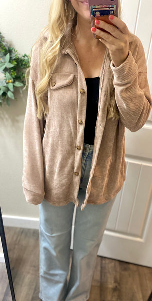 Chenille Button Shacket in Mocha