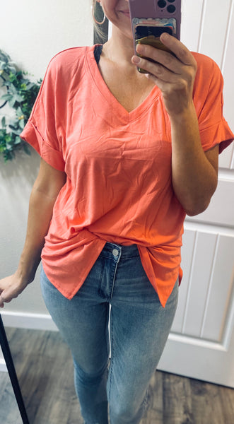 Coral Cuffed Sleeve Oversized Tee
