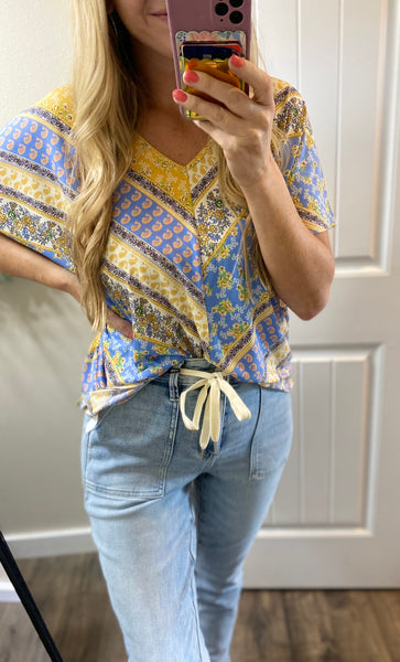 Blue/Yellow Print V-Neck Blouse