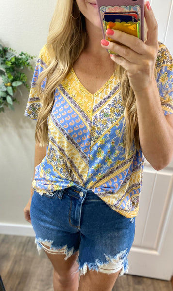 Blue/Yellow Print V-Neck Blouse