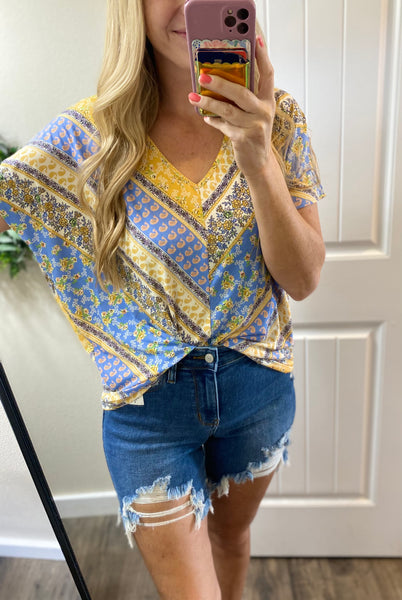 Blue/Yellow Print V-Neck Blouse