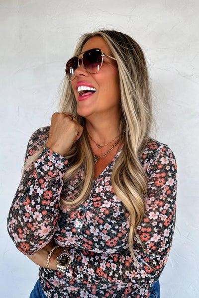 PREORDER Floral Vneck Mesh Henley Top