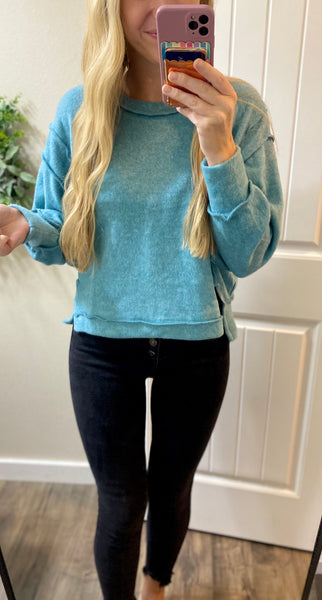 Dusty Teal Brushed Melange Hacci Crop Sweater