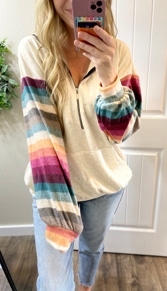 Striped Sleeve Half Zip Hoodie