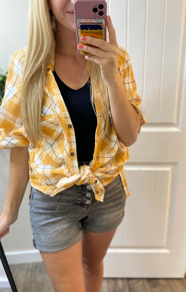 Soft Yellow Plaid Button Up