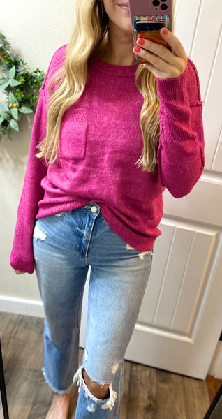 Pink Melange Round Neck Seam Sweater