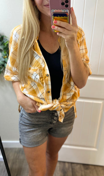 Soft Yellow Plaid Button Up