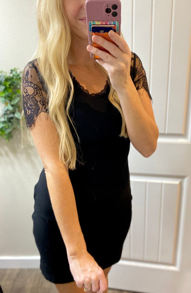 Lace Sleeve Ribbed Dress