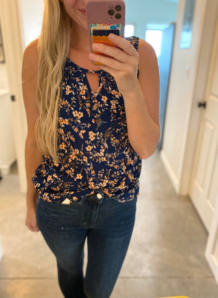Navy Floral Keyhole Sleeveless Top