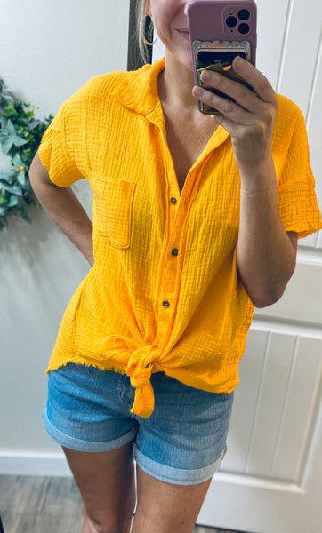 Yellow Raw Hem Button Up Short Sleeve