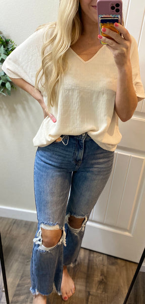 Bone Oversized Cuff Sleeve Blouse