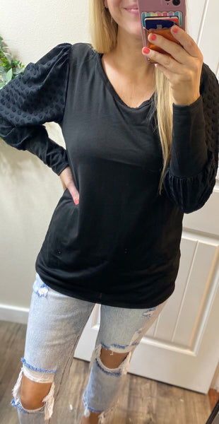 Black Round Neck Polka Dot Long Sleeve