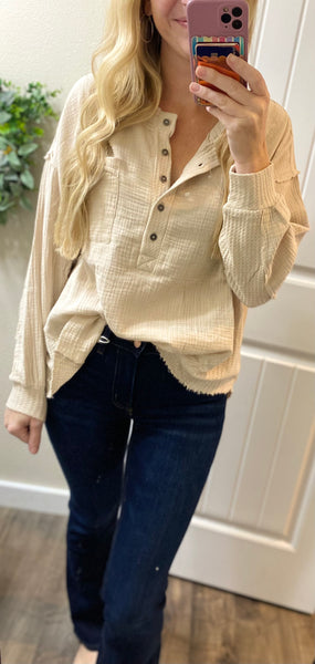 Double Gauze Oversized 3/4 Button Henley Neck Top