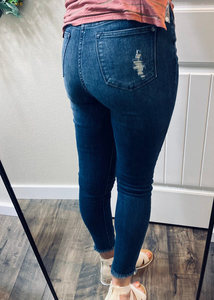 Darkwash Judy Blue Tummy Control Distressed Hem Denim