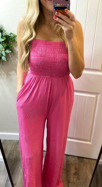 Pink Smocked Stripe Jumpsuit