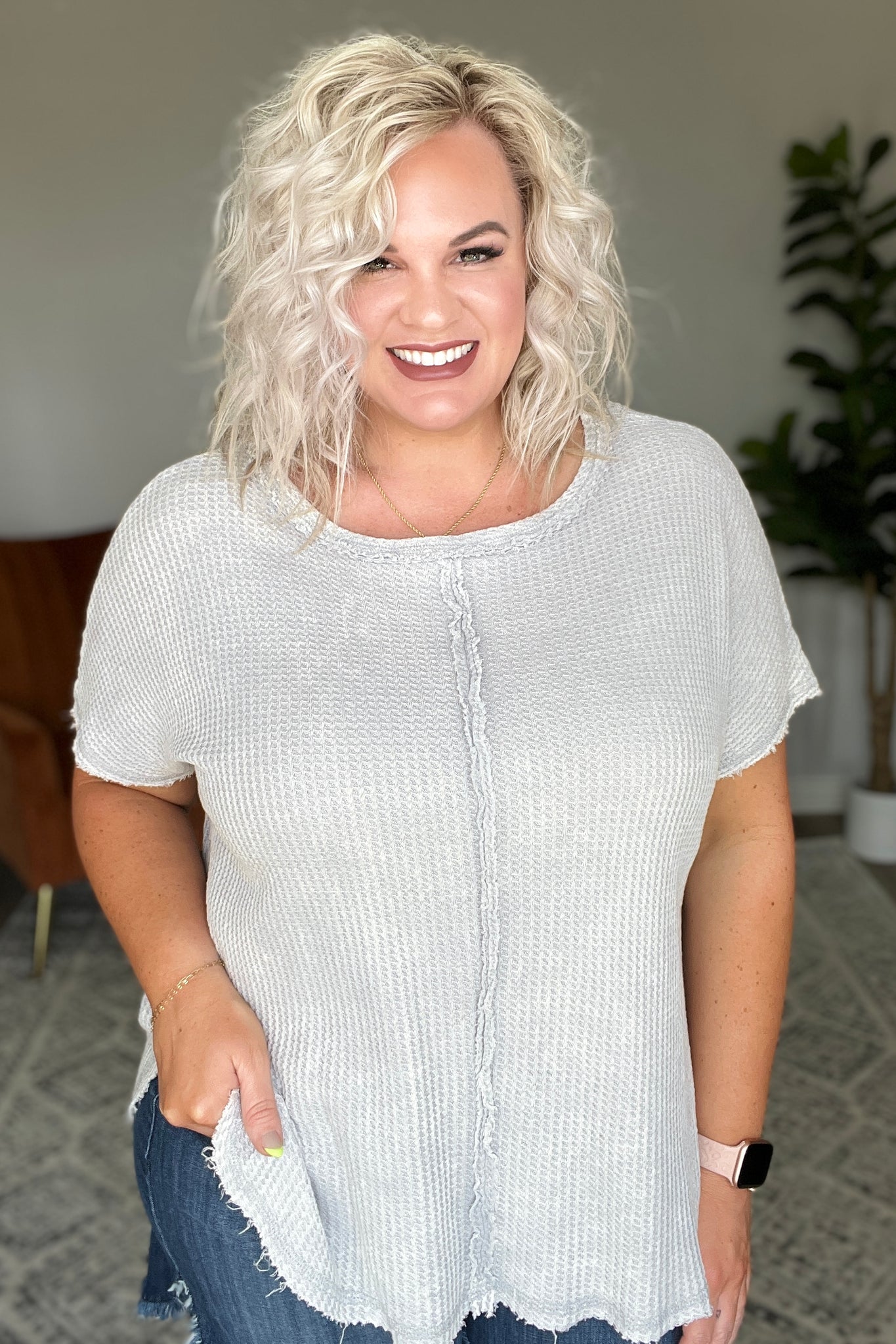 Raw Hem Waffle Knit Top in Light Grey