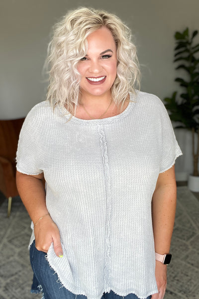 Raw Hem Waffle Knit Top in Light Grey
