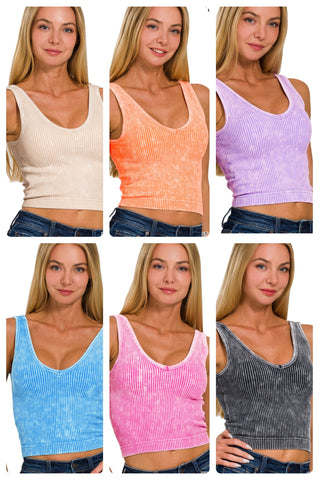 Mineral Washed Ribbed Padded Bra Crop Tank
