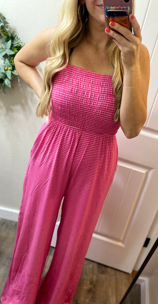 Pink Smocked Stripe Jumpsuit