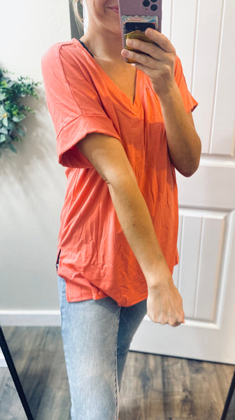 Coral Cuffed Sleeve Oversized Tee