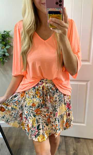 Wrinkle Free Flare Sleeve Top in Neon Orange