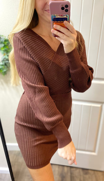 On/off Shoulder Faux Wrap Ribbed Dress