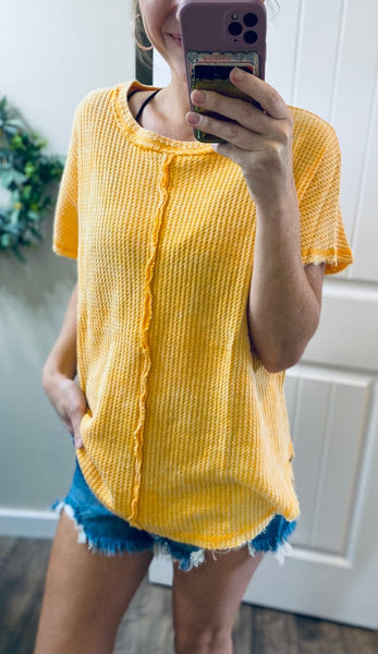 Raw Hem Waffle Knit Top in Light Grey