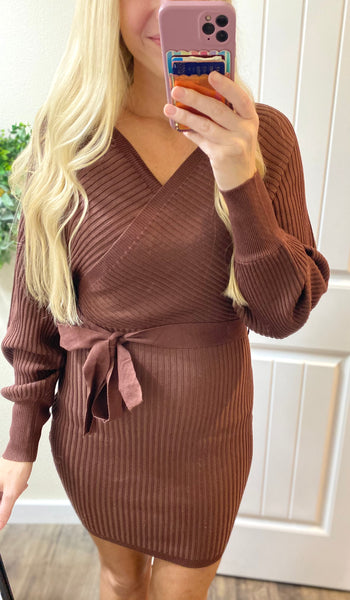 On/off Shoulder Faux Wrap Ribbed Dress