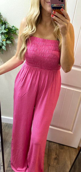 Pink Smocked Stripe Jumpsuit