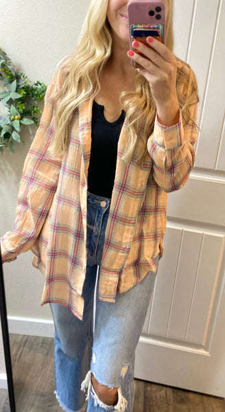 Coral Pink Plaid Button-Down Top
