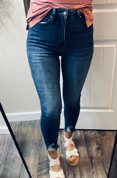 Darkwash Judy Blue Tummy Control Distressed Hem Denim