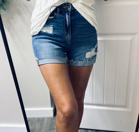 Darkwash Distressed Cuff Raw Hem Denim Shorts