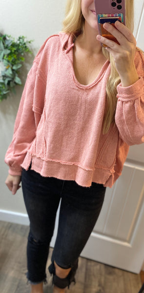 POL Round Neck Balloon Sleeve Hooded Knit Top