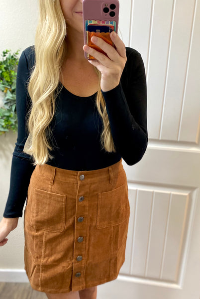 Camel Button Up Corduroy Skirt