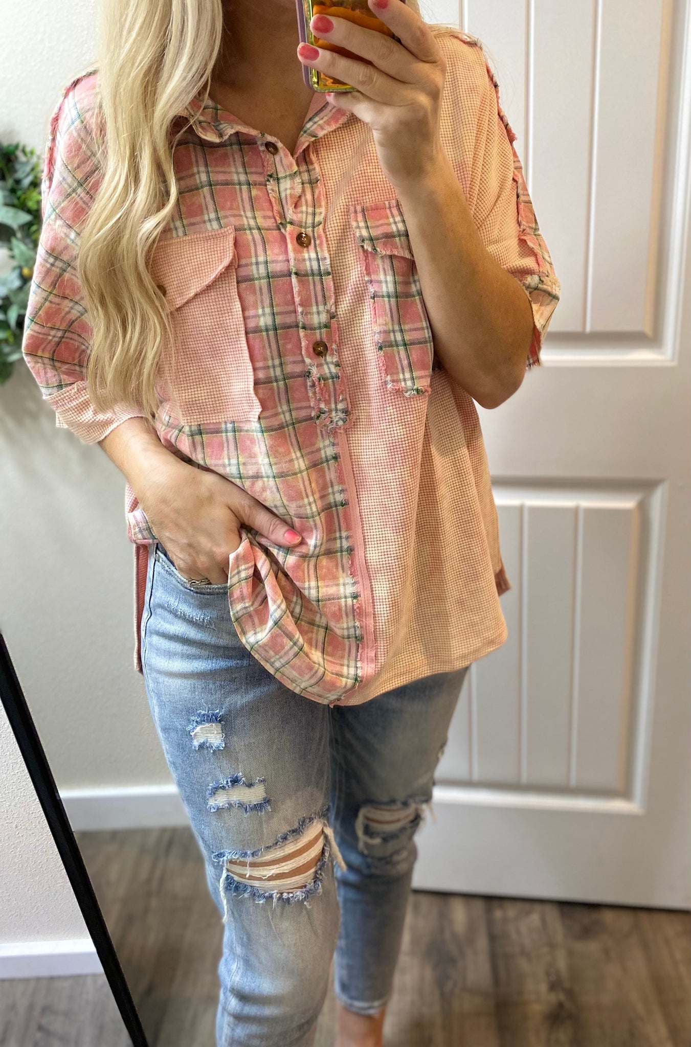 Pink Plaid Color Block Top