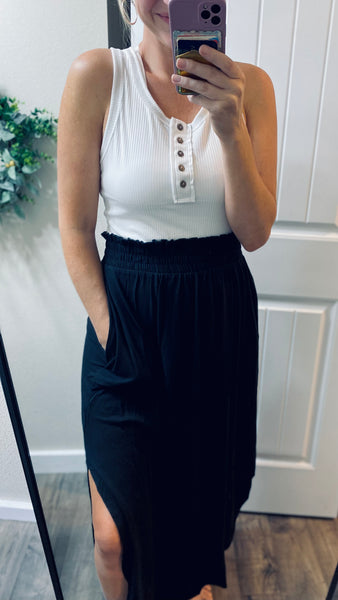 Black Smocked Maxi Side Slit Skirt