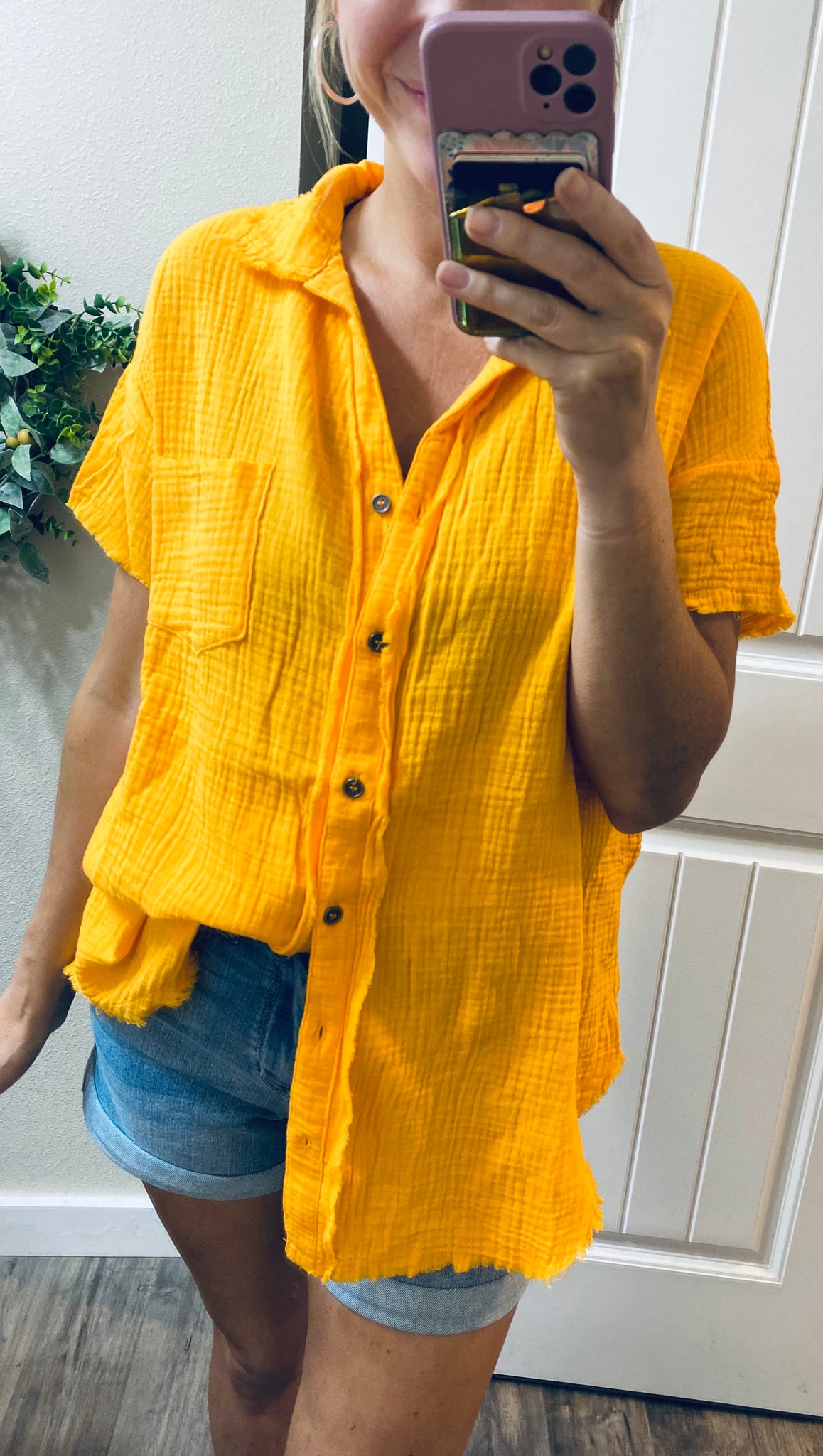 Yellow Raw Hem Button Up Short Sleeve