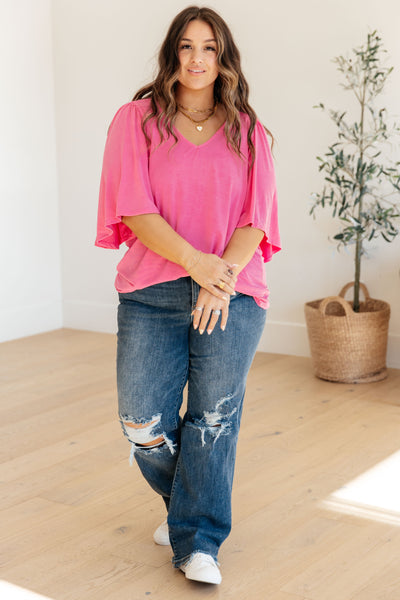 Wrinkle Free Flare Sleeve Top in Magenta