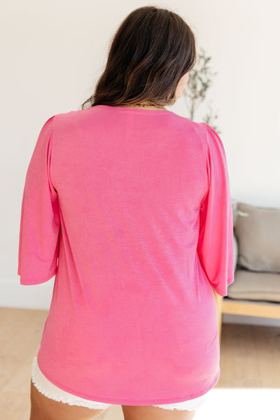Wrinkle Free Flare Sleeve Top in Magenta