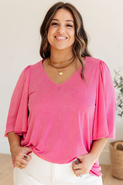 Wrinkle Free Flare Sleeve Top in Magenta