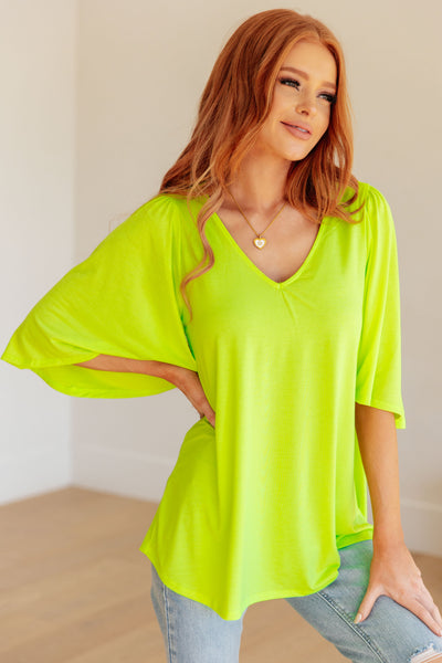 Wrinkle Free Flare Sleeve Top in Neon Green