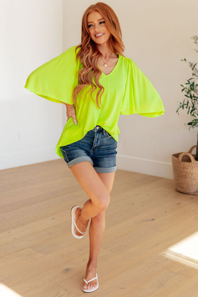 Wrinkle Free Flare Sleeve Top in Neon Green