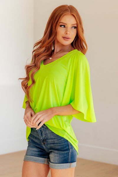 Wrinkle Free Flare Sleeve Top in Neon Green