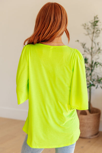 Wrinkle Free Flare Sleeve Top in Neon Green