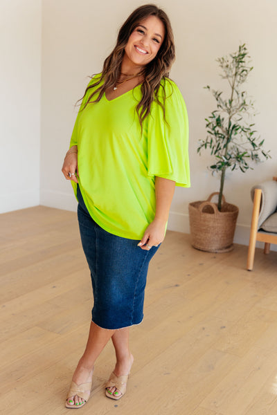 Wrinkle Free Flare Sleeve Top in Neon Green